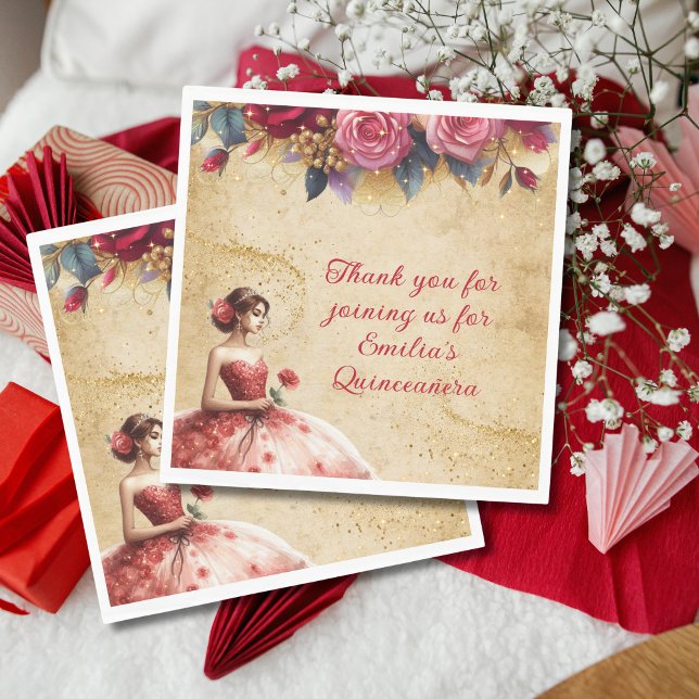 Red Gold Quinceañera Dress Event Partyware Custom Napkins (Creator Uploaded)
