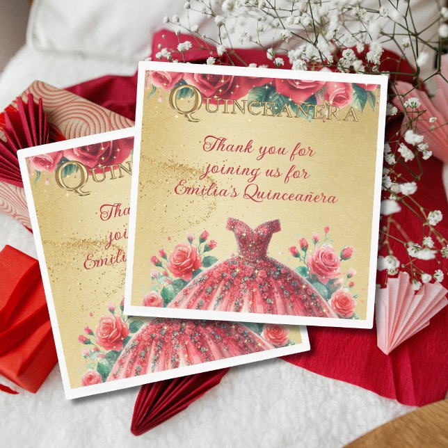 Red Gold Quinceañera Dress Event Partyware Custom Napkins (Creator Uploaded)