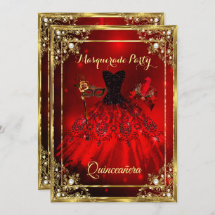 Red Gold Quinceanera Dress Masquerade Party Invitation