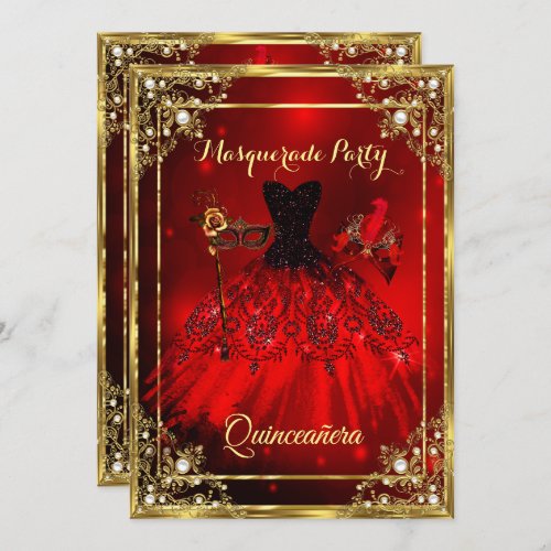 Red Gold Quinceanera Dress Masquerade Party Invitation
