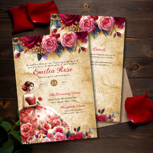 Red Gold Quinceanera Dress Vintage Parchment Theme Invitation