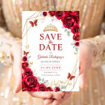 Red Gold Quinceanera Floral Save The Date<br><div class="desc">Red,  gold and white Quinceanera celebration save the date card. Features,  script font,  gold butterflies,  watercolor roses and tiara. Perfect for an elegant princess style glam celebration. Personalize with your own details. Printed Zazzle cards or instant download digital printable template.</div>