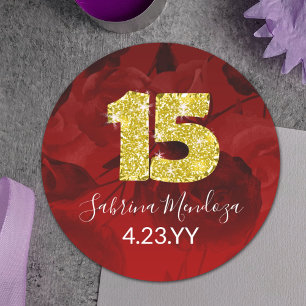 Red, Gold Quinceanera Gold #15 Round Sticker