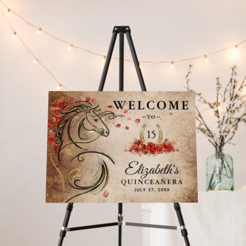 Red Gold Quinceanera Horse Welcome Birthday Party Foam Board