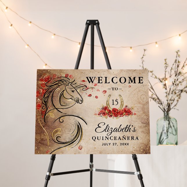 Red Gold Quinceanera Horse Welcome Birthday Party Foam Board (In Situ (Stand))