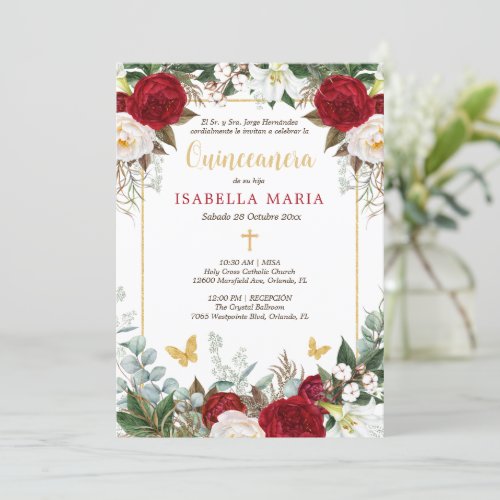 Red  Gold Quinceanera Invitation in Spanish