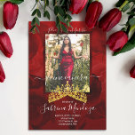 Red, Gold Quinceanera Rhinestone Tiara Invitation<br><div class="desc">Invite your Quinceañera guests with an elegant ruby red and gold gemstone tiara invitation. Easily upload your photo over a beautiful red rose background. This modern gradient red Quinceanera invitation has beautifully matching envelopes, return-address labels, and thank you cards. A popular red design with a glittery blue number 15 on...</div>