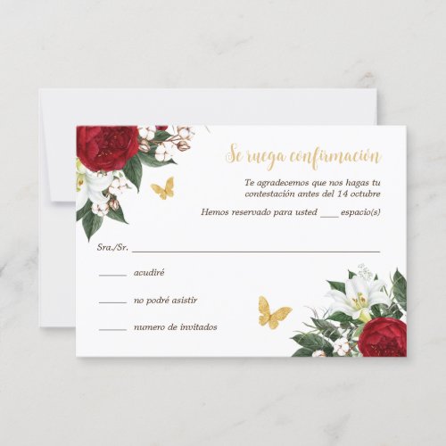 Red Gold Quinceaera RSVP Card in Spanish