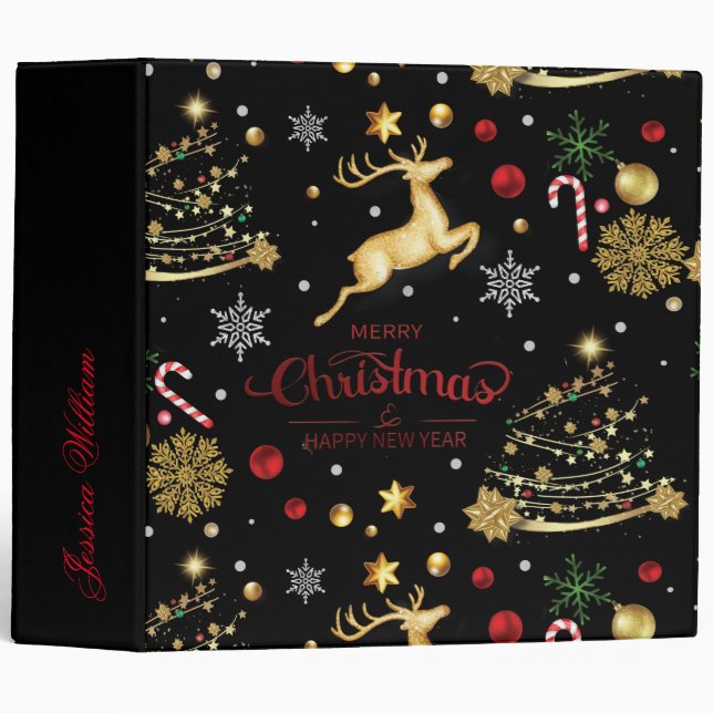Red  Gold Reindeer Merry Christmas Tree  3 Ring Binder (Front/Spine)