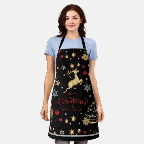 Red  Gold Reindeer Merry Christmas Tree  Apron