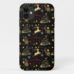 Red  Gold Reindeer Merry Christmas Tree  iPhone 11 Case