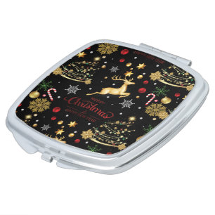 Red Gold Reindeer Merry Christmas Tree Compact Mirror