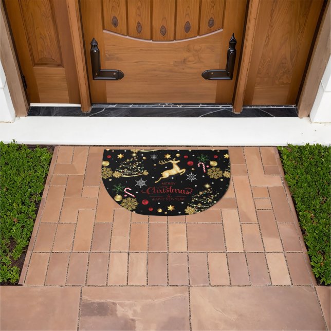 Red  Gold Reindeer Merry Christmas Tree Doormat (Outdoor)