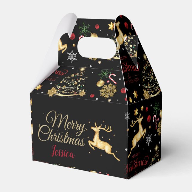 Red  Gold Reindeer Merry Christmas Tree  Favor Boxes (Front Side)