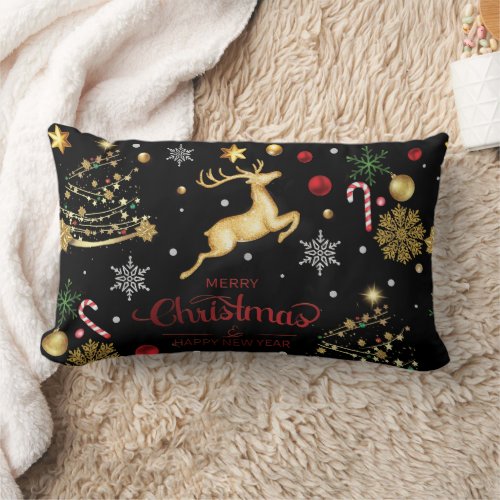 Red  Gold Reindeer Merry Christmas Tree   Lumbar Pillow