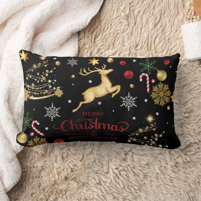 Red  Gold Reindeer Merry Christmas Tree   Lumbar Pillow (Blanket)