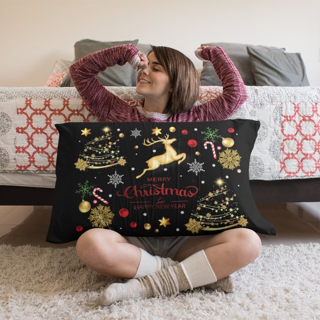 Red  Gold Reindeer Merry Christmas Tree Lumbar Pillow (Creator Uploaded)