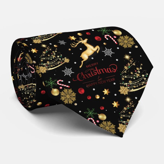 Red  Gold Reindeer Merry Christmas Tree Neck Tie (Rolled)