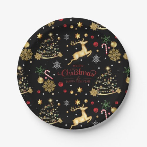 Red  Gold Reindeer Merry Christmas Tree Paper Plates