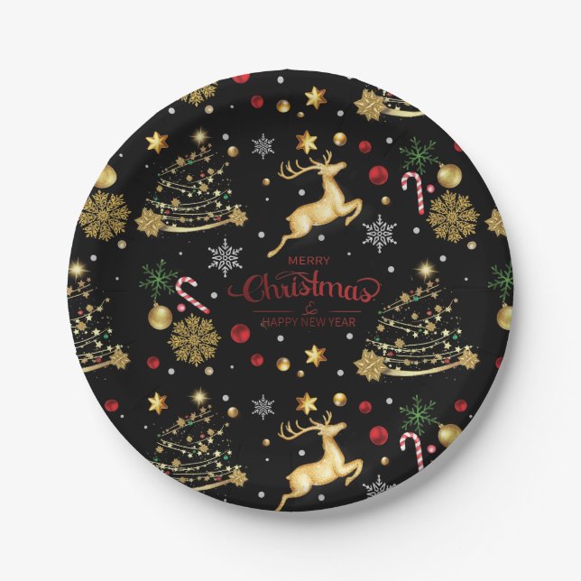 Red  Gold Reindeer Merry Christmas Tree Paper Plates (Front)