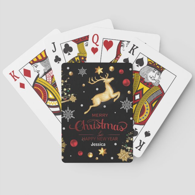 Red  Gold Reindeer Merry Christmas Tree Poker Cards (Back)
