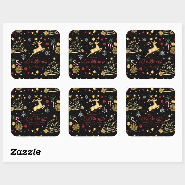 Red  Gold Reindeer Merry Christmas Tree  Square Sticker (Sheet)