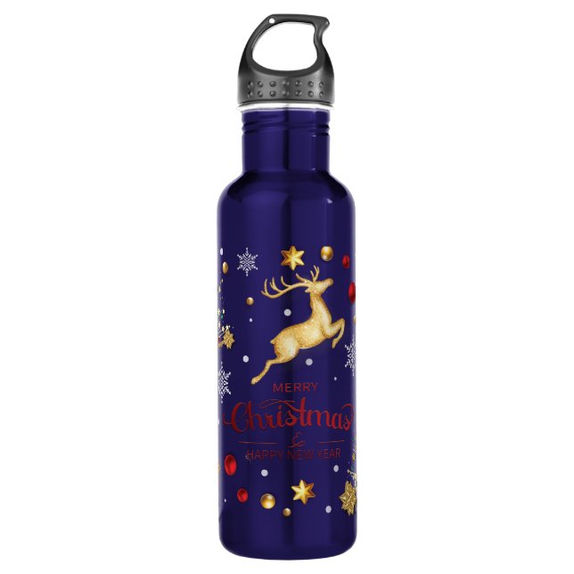 Red  Gold Reindeer Merry Christmas Tree  Stainless Steel Water Bottle (Front)