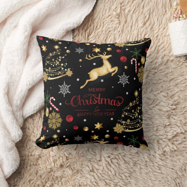Red  Gold Reindeer Merry Christmas Tree  Throw Pillow (Blanket)