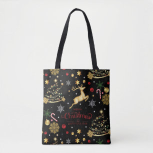 Red  Gold Reindeer Merry Christmas Tree  Tote Bag
