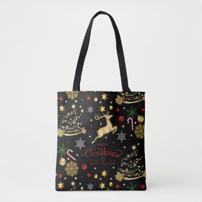 Red  Gold Reindeer Merry Christmas Tree  Tote Bag (Front)