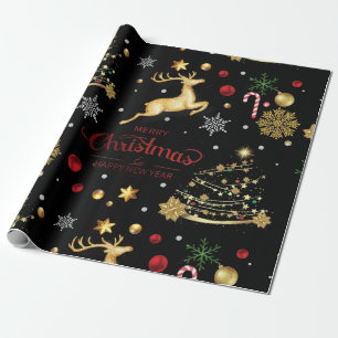 Red  Gold Reindeer Merry Christmas Tree Wrapping P Paper
