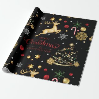 Red  Gold Reindeer Merry Christmas Tree Wrapping P