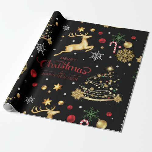 Red  Gold Reindeer Merry Christmas Tree Wrapping P Wrapping Paper