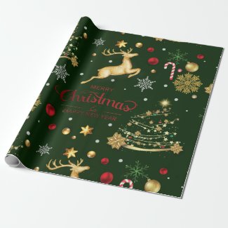 Red  Gold Reindeer Merry Christmas Tree 
