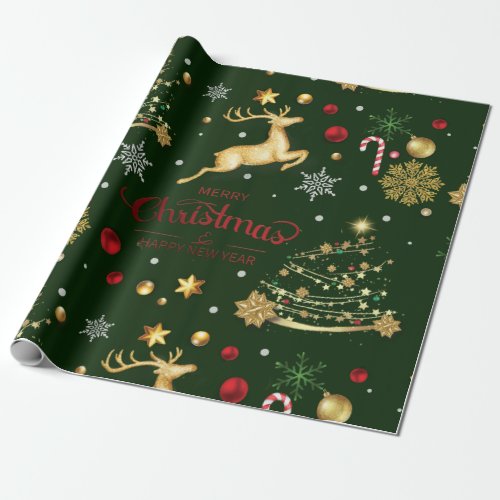 Red  Gold Reindeer Merry Christmas Tree  Wrapping Paper