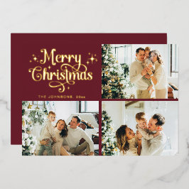Red & Gold Retro Christmas Family Photo Collage Foil Holiday Card