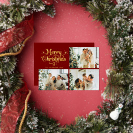 Red & Gold Retro Christmas Family Photo Collage Foil Holiday Card