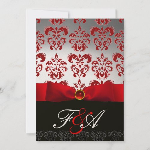 RED GOLD RIBBON  BLACK DAMASK MONOGRAM Ruby Invitation