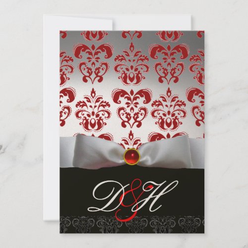 RED GOLD RIBBON  BLACK DAMASK MONOGRAM Ruby Invitation