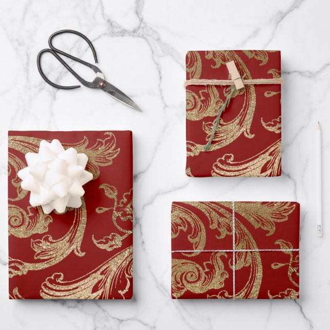 Red Gold Rococo Baroque Swirl Wrapping Paper Sheets (Front)