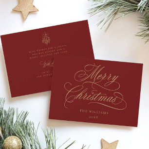 Red & Gold Romantic Merry Christmas Script Flat Holiday Card