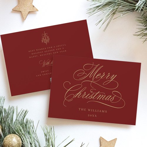 Red  Gold Romantic Merry Christmas Script Flat Holiday Card