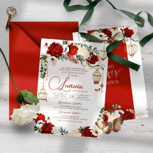 Red Gold Rose Butterfly Floral Elegant Quinceañera Invitation