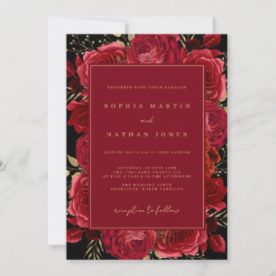 Red Gold Rose Elegant Floral Wedding Invitation