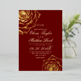 Red Gold Rose Flowers Luxury Minimalist Wedding Foil Invitation