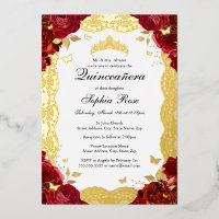 Red Gold Rose Lace Butterfly Quinceanera Birthday 