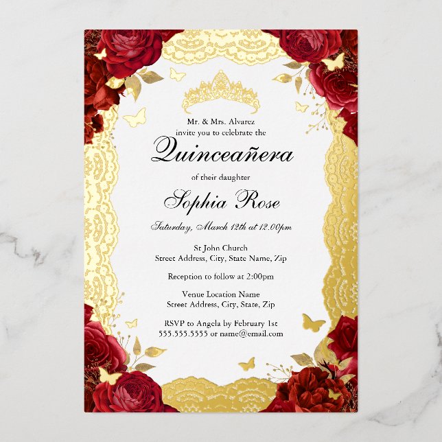Red Gold Rose Lace Butterfly Quinceanera Birthday  Foil Invitation (Front)