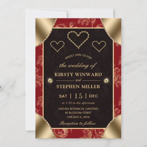 Red  Gold Rose Pattern  Gold Hearts Wedding Invitation