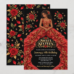 Red Gold Rose Sweet Sixteen Birthday Invitation