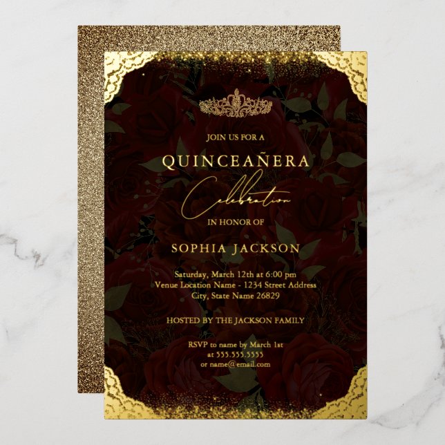 Red Gold Rose Tiara Quinceanera Foil Invitation (Front/Back)